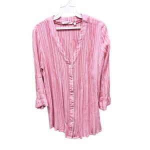 Soft Surroundings Gauzy Tunic Blouse V Neck Striped Coral Top 3/4 Sleeve Size S
